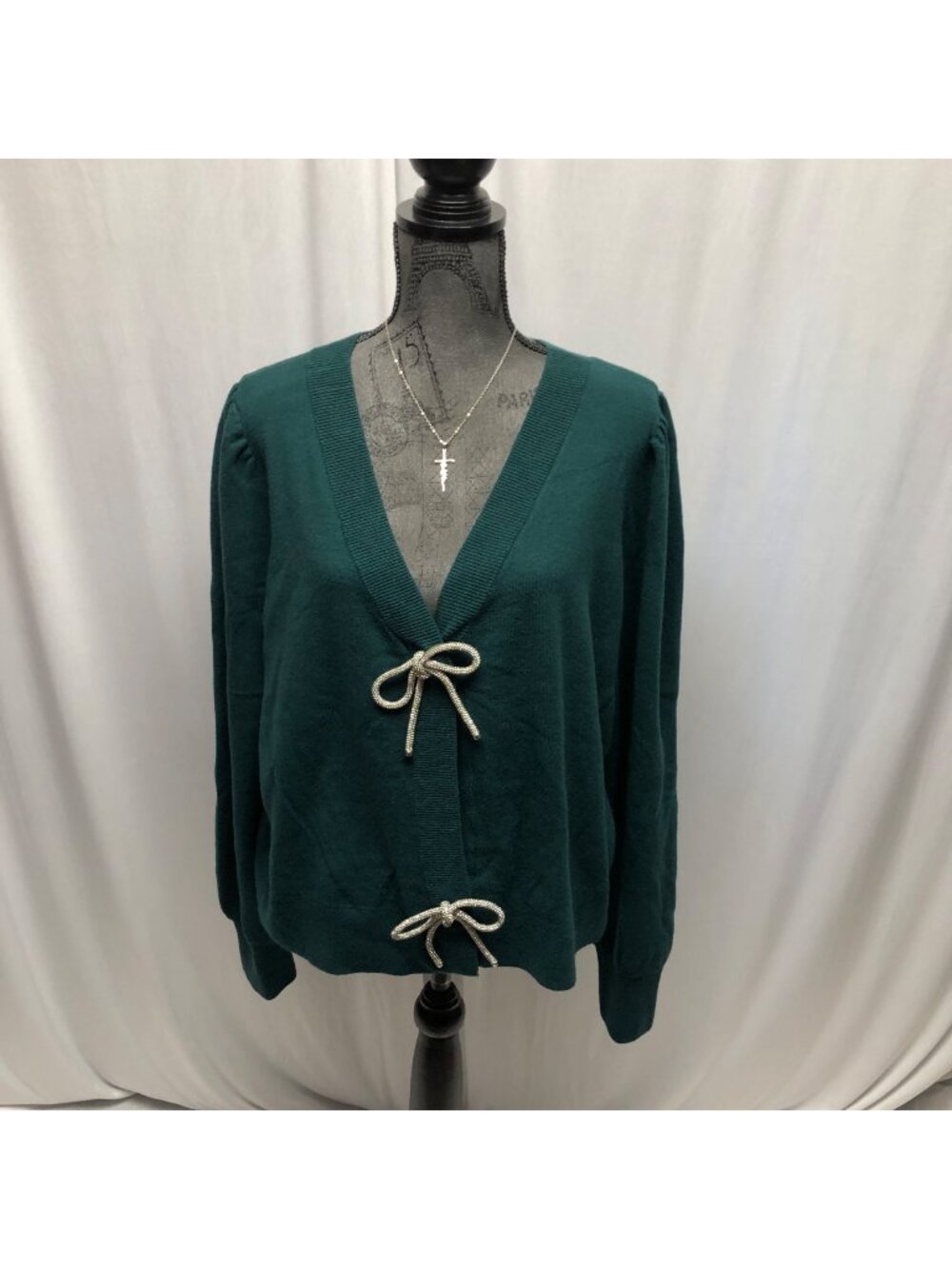 Express Teal Green Sweater Womens Size XXL Puff Sleeves Silver Bow Accents NEW